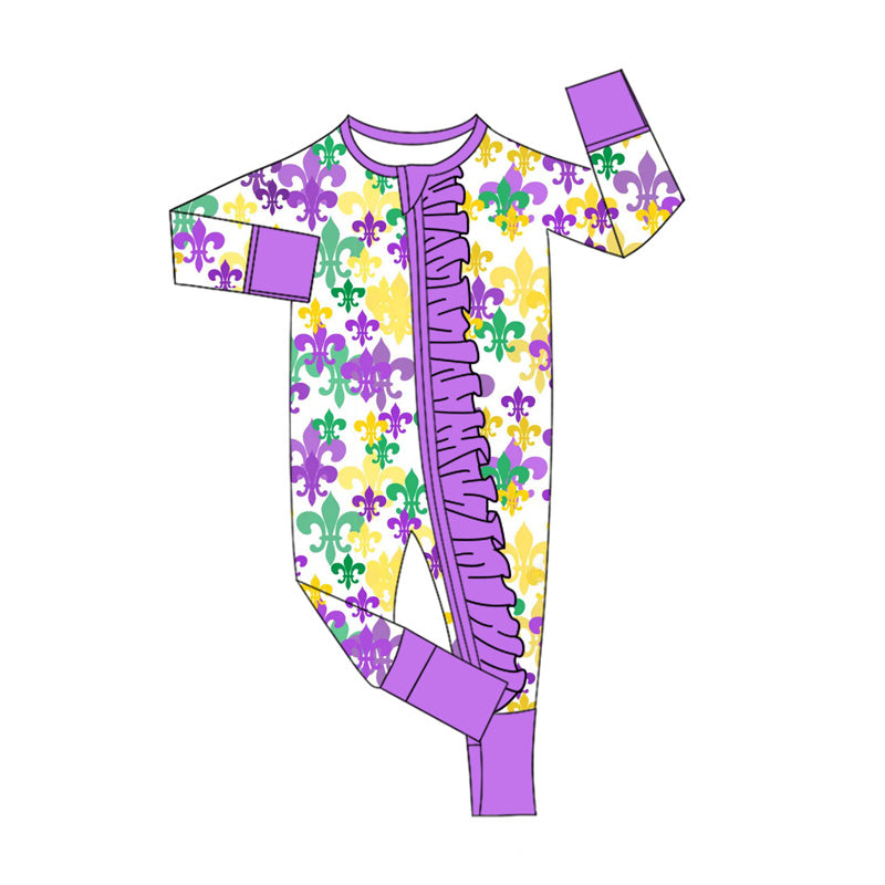 (Pre Order) No moq LR2694 pre-order baby girl clothes mardi gras purple long sleeve romper-2025.9.17