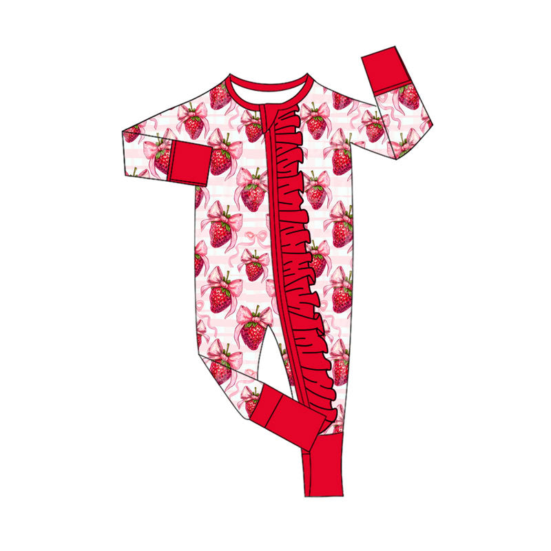(Pre Order) No moq LR2723 pre-order baby girl clothes strawberry bow long sleeve romper-2025.9.23