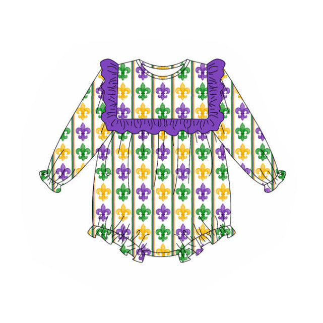 (Pre Order) No moq LR2737 pre-order baby girl clothes mardi gras purple long sleeve romper-2025.9.25