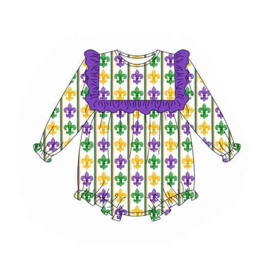 (Pre Order) No moq LR2737 pre-order baby girl clothes mardi gras purple long sleeve romper-2025.9.25