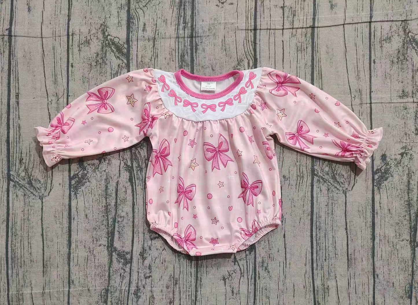 (Pre Order) No moq LR2771 pre-order baby girl clothes embroidery bow pink long sleeve romper-2025.11.25
