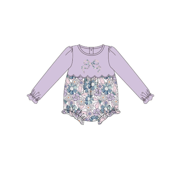 (Pre Order) No moq LR2806 pre-order baby girl clothes bow floral purple long sleeve romper-2025.10.15