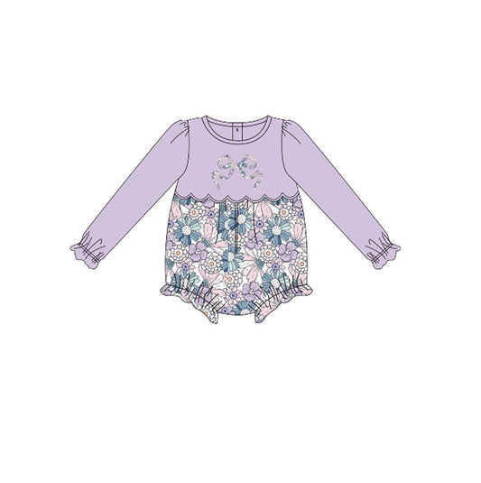(Pre Order) No moq LR2806 pre-order baby girl clothes bow floral purple long sleeve romper-2025.10.15