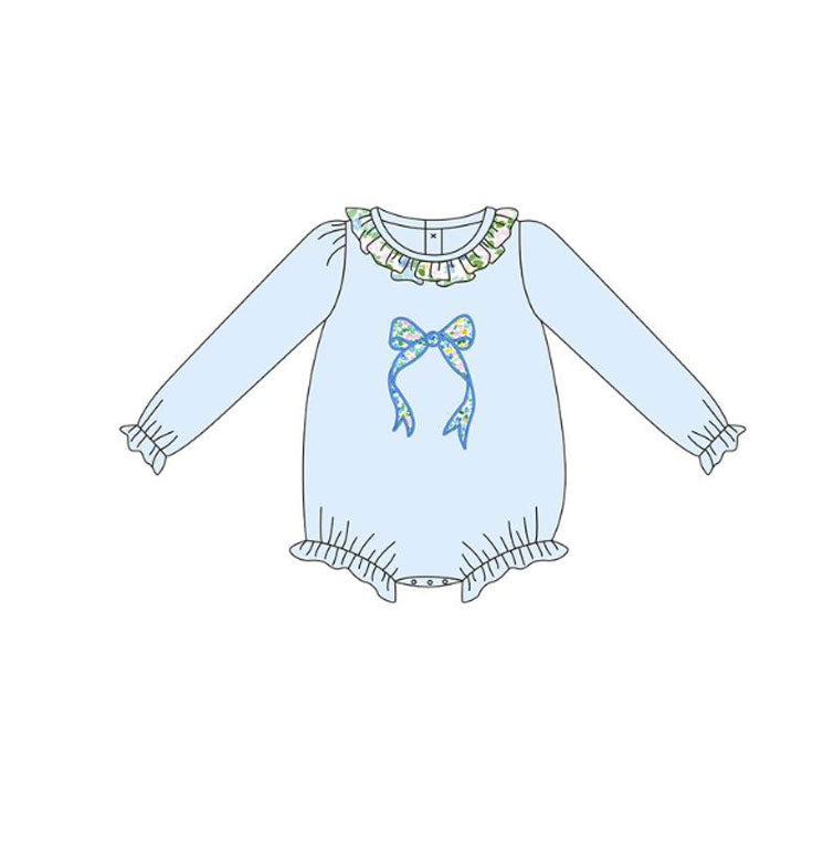 (Pre Order) No moq LR2807 pre-order baby girl clothes bow blue long sleeve romper-2025.10.15