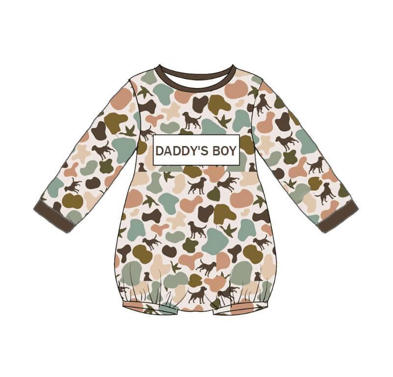 (Pre Order) No moq LR2894 pre-order baby boy clothes DADDY camoufage duck puppy long sleeve romper-2025.11.8