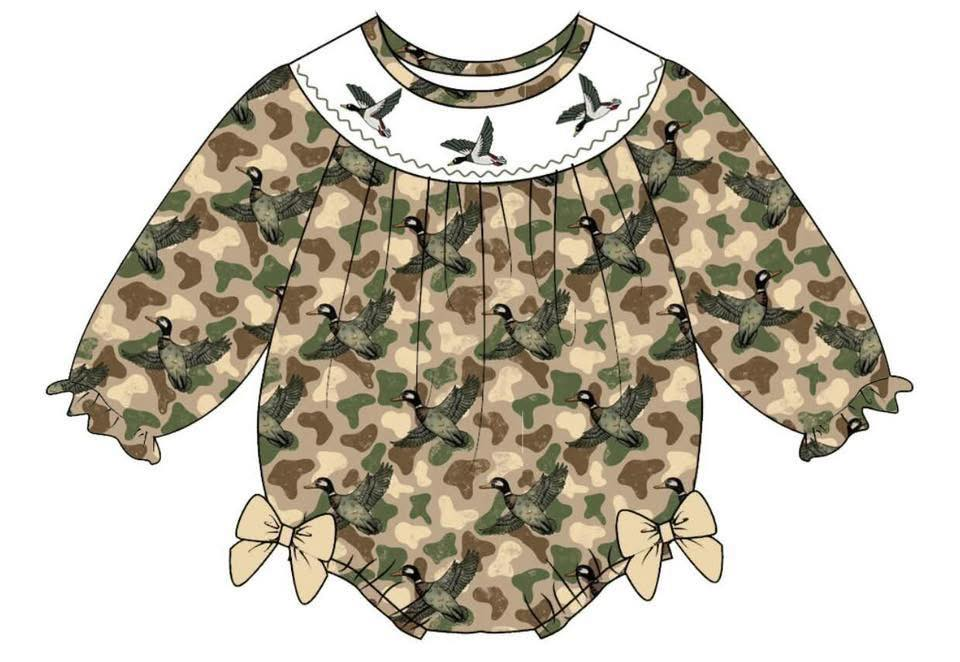 (Pre Order) No moq LR2896pre-order baby girl clothes camoufage duck bow long sleeve romper-2025.11.8