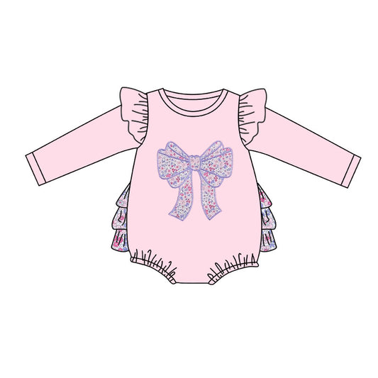 (Pre Order) No moq LR2898 pre-order baby girl clothes bow floral pink long sleeve romper-2025.11.8