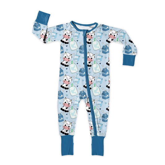 (Pre Order) No moq LR2934 pre-order baby boy clothes milk cow blue long sleeve romper-2025.11.22