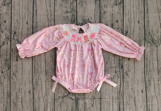 (Pre Order) No moq LR2938 pre-order baby girl clothes -smocked boot hat bow pink long sleeve romper-2025.11.29