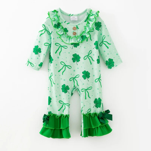 (Pre Order) No moq pre-order baby girl clothes bow green long sleeve romper-2025.12.6