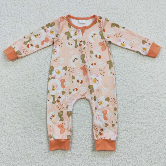 LR0476 Floral Orange Zip Long Sleeve Bodysuit