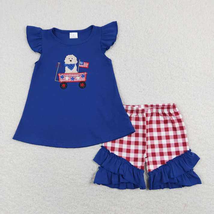 RTS Baby Girls July 4th Dog Flag Sister Brother Rompers Clothes Sets