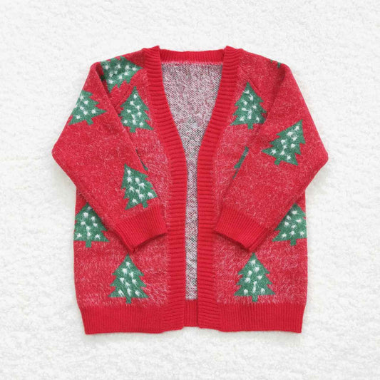 RTS NO MOQ（In Stock) GT0356 White Polka Dot Christmas Tree Red Long Sleeve Sweater Cardigan