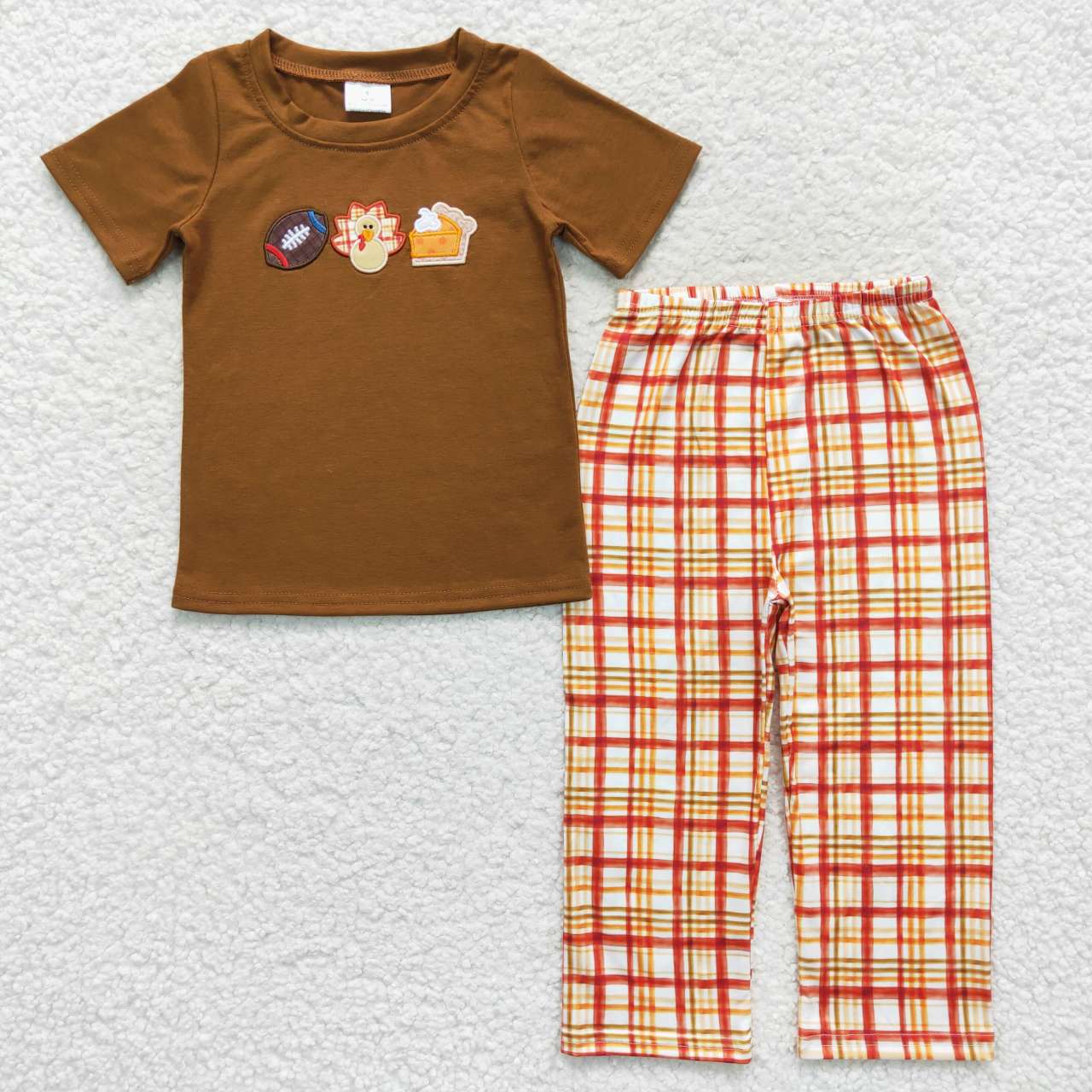 BSPO0143 Rugby embroidered turkey pie plaid red short-sleeved trouser suit