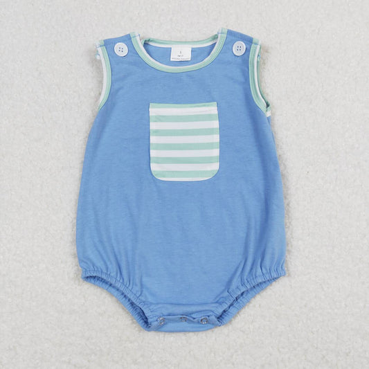 RTS NO MOQ（In Stock) Green and white striped pocket blue vest jumpsuit