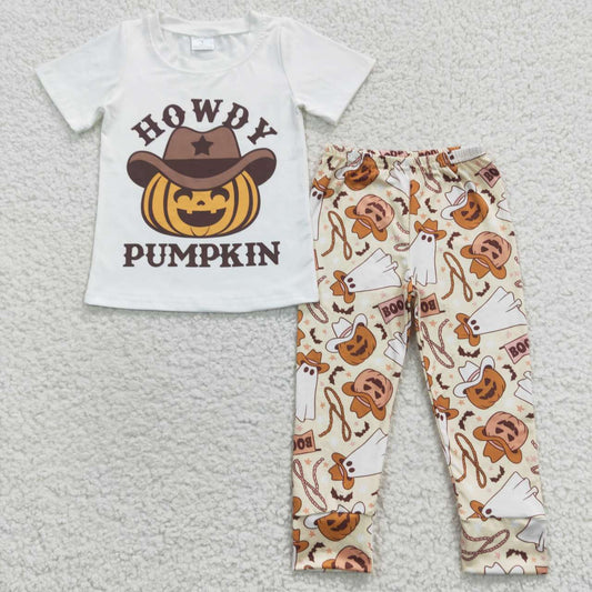 P0166 boo denim ghost pumpkin trousers+ white short sleeve top