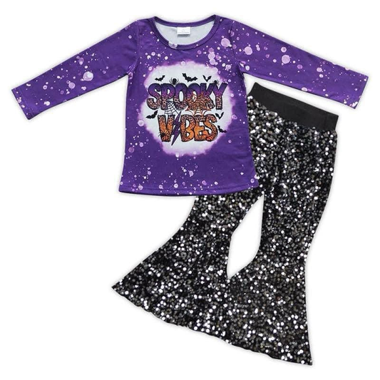 RTS NO MOQ Black sequin purple top Halloween sets