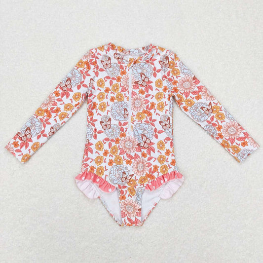 S0184 Flower Butterfly White Zip Long Sleeve One Piece Swimsuit