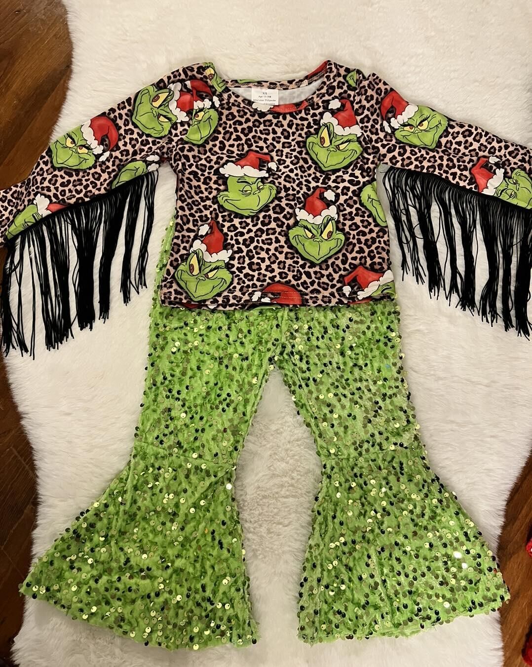 GT0190 Christmas grinch leopard fringed top+P0148 Fluorescent green sequin trousers