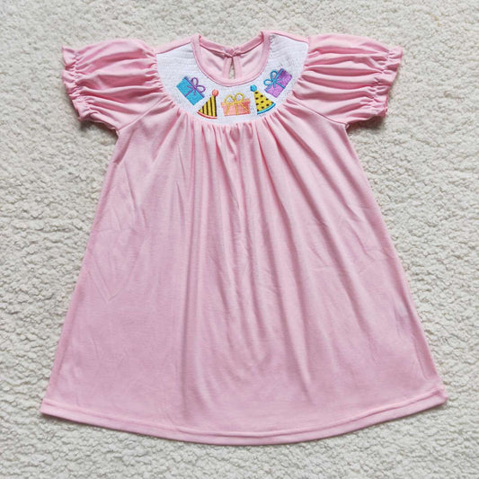 GSD0435 smocked embroidered happy birthday gift hat pink short sleeve dress