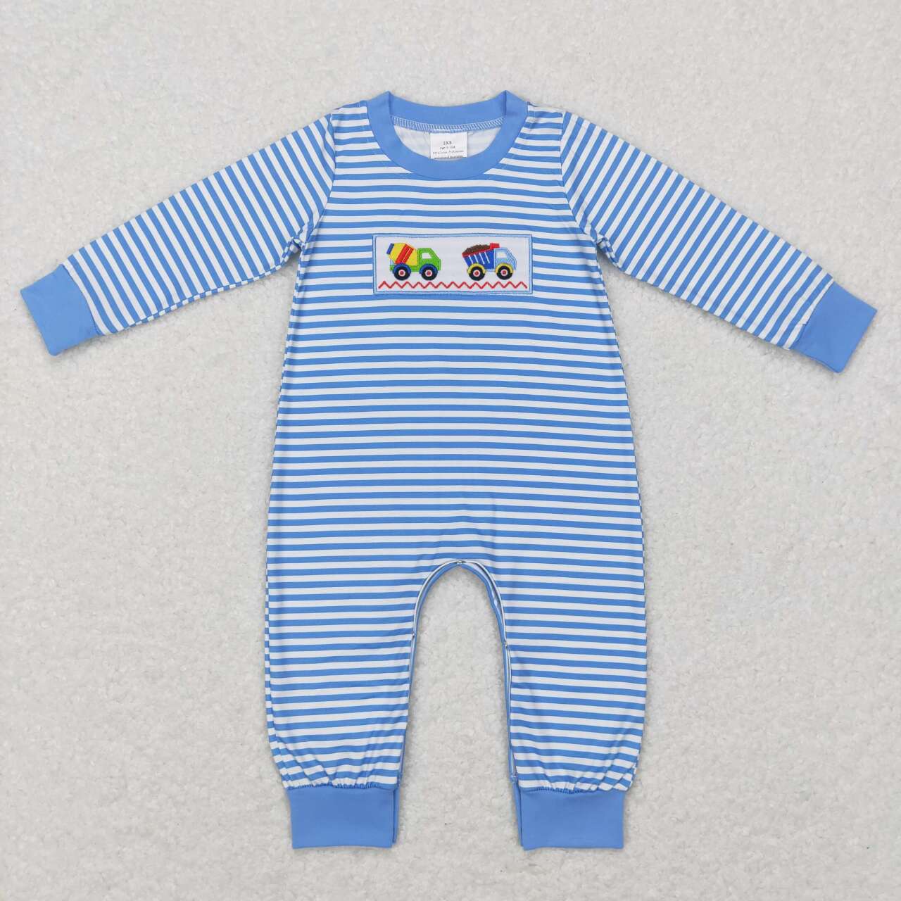 LR0750 Embroidery Mixer Truck Construction Vehicle Blue and White Striped Long Sleeve Jumpsuit