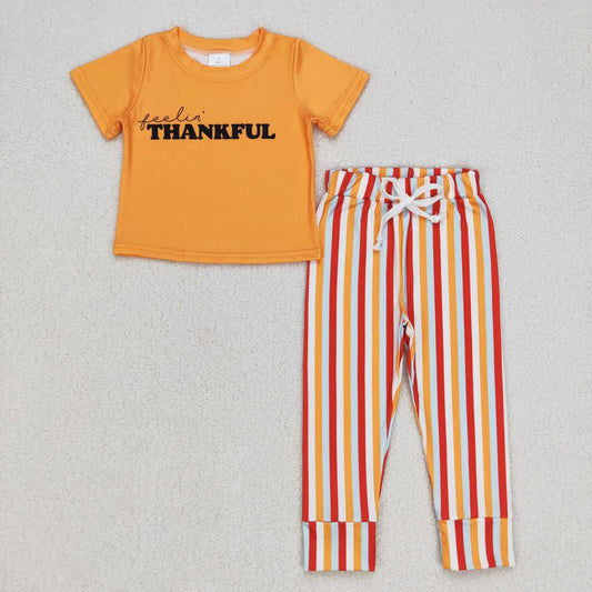 BSPO0167 orange short-sleeved blue and red striped trousers suit with letters of thankful