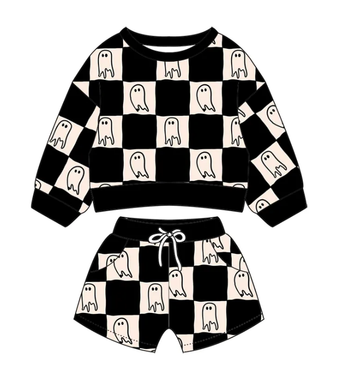 Custom moq 3 eta 7/8week moq 5 eta /4/5week Hand-painted Little Devil Beige & Black Plaid Long Sleeve Sweater-Shorts Set