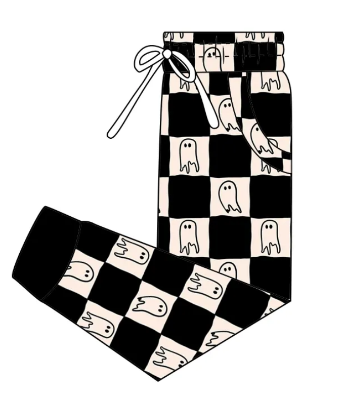 Custom moq 3 eta 7/8week moq 5 eta /4/5week Hand Painted Devil Beige & Black Check Drawstring Trousers