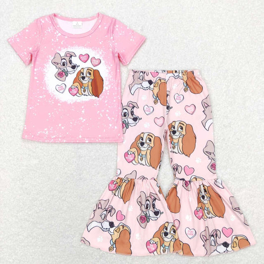 GSPO1233 Cartoon Puppy Love Pink Short Sleeve Pants Suit