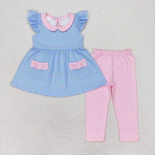 RTS NO MOQ GSPO1241 Blue striped pink lace baby collar flying sleeves trousers suit
