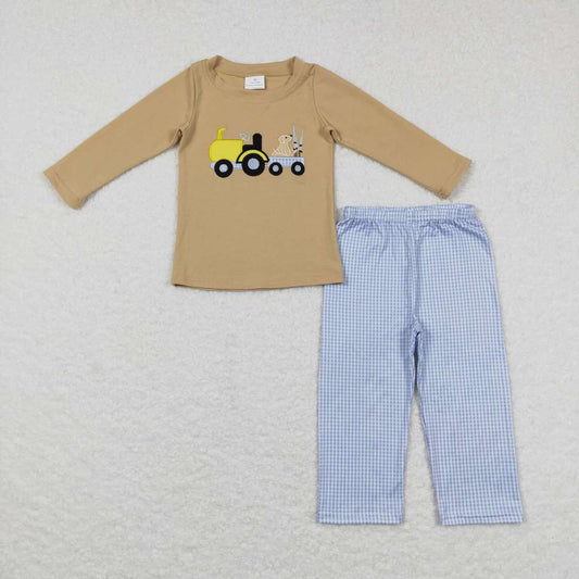 BLP0382 Embroidered Puppy Shotgun Truck Brown Long Sleeve Blue and White Plaid Pants Suit