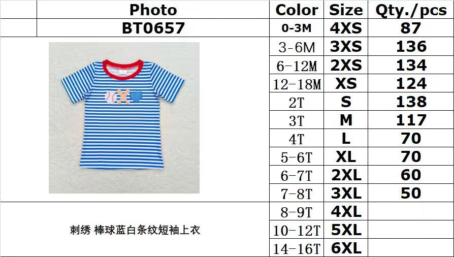 RTS NO MOQ BT0657 Embroidered Baseball Blue and White Striped Short Sleeve Top +cotton shorts