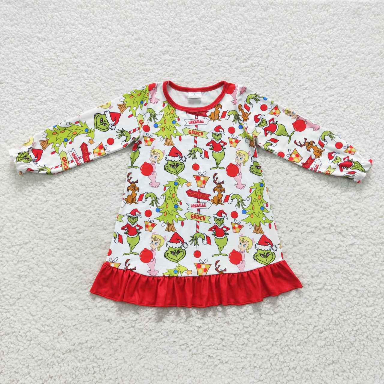 GLD0299 Girls Christmas Grinch Long Sleeve Dress