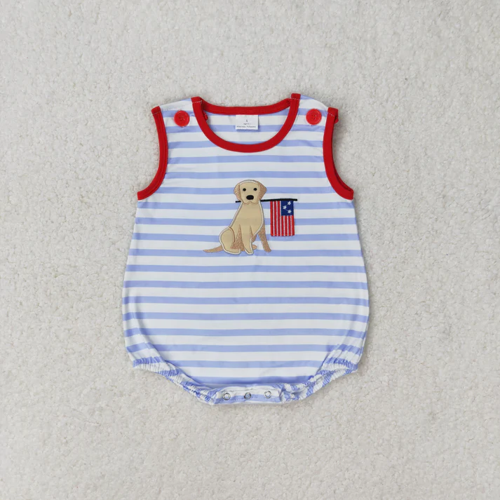 RTS NO MOQ  Baby Girls 4th Of July Dog Flag Sibling Rompers Clothing Sets embroidery
