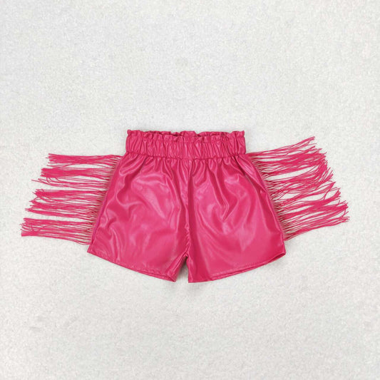 rts no moq SS0223 Rose red glossy leather fringed shorts