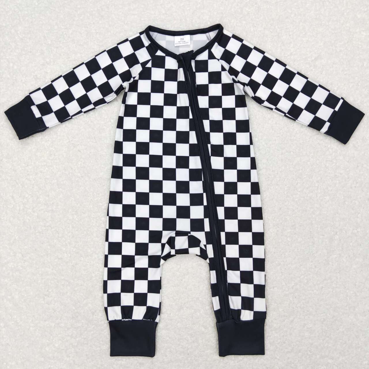 LR0812 Black and white plaid zipper long sleeve jumpsuit