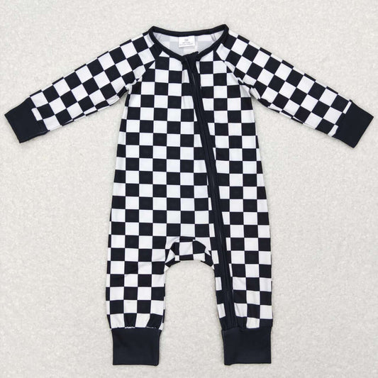 LR0812 Black and white plaid zipper long sleeve jumpsuit