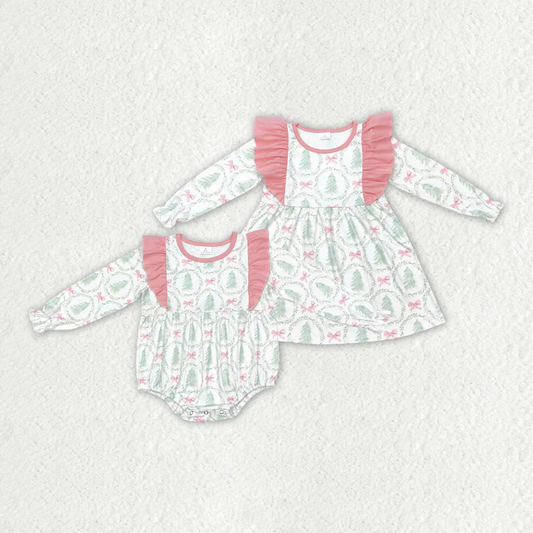RTS NO MOQ Baby Girls Christmas Trees Sibling Rompers Dresses