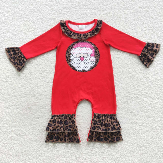 LR0435 Santa Claus Leopard Lace Red Long Sleeve Bodysuit