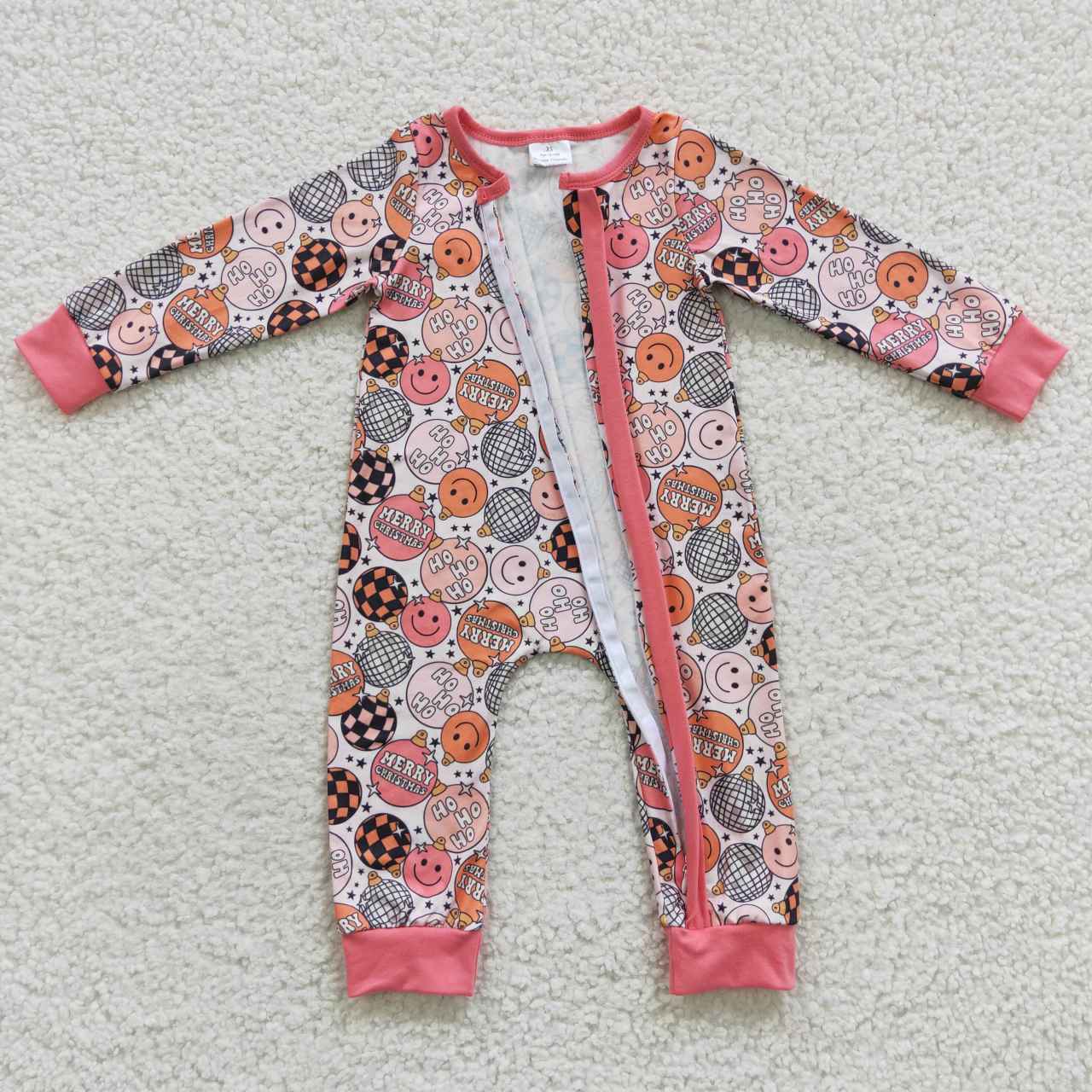 LR0297 Christmas merry christmas hoho smiley face ball pink zipper long-sleeved jumpsuit