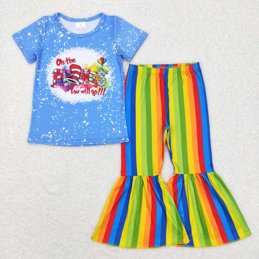 GSPO0924 Girls places dr seuss letter blue short sleeve colorful striped trousers suit