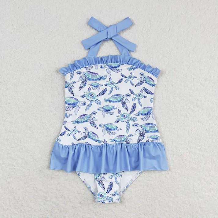 RTS NO MOQ  Baby Girls Boys Sibling Turtles Top Blue Summer Clothes Sets