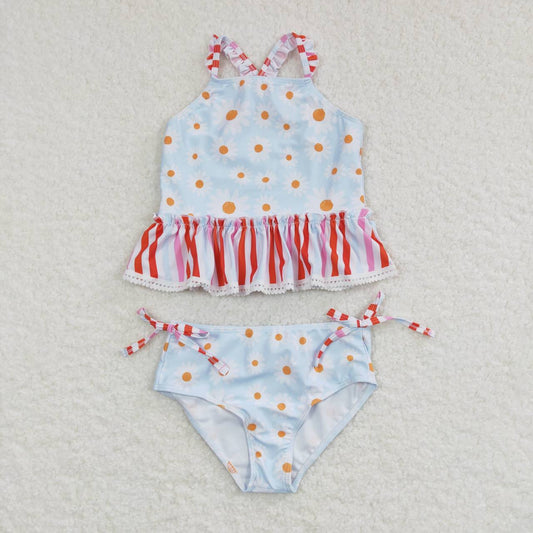 S0157 Small daisy flower red stripe light blue swimsuit suit