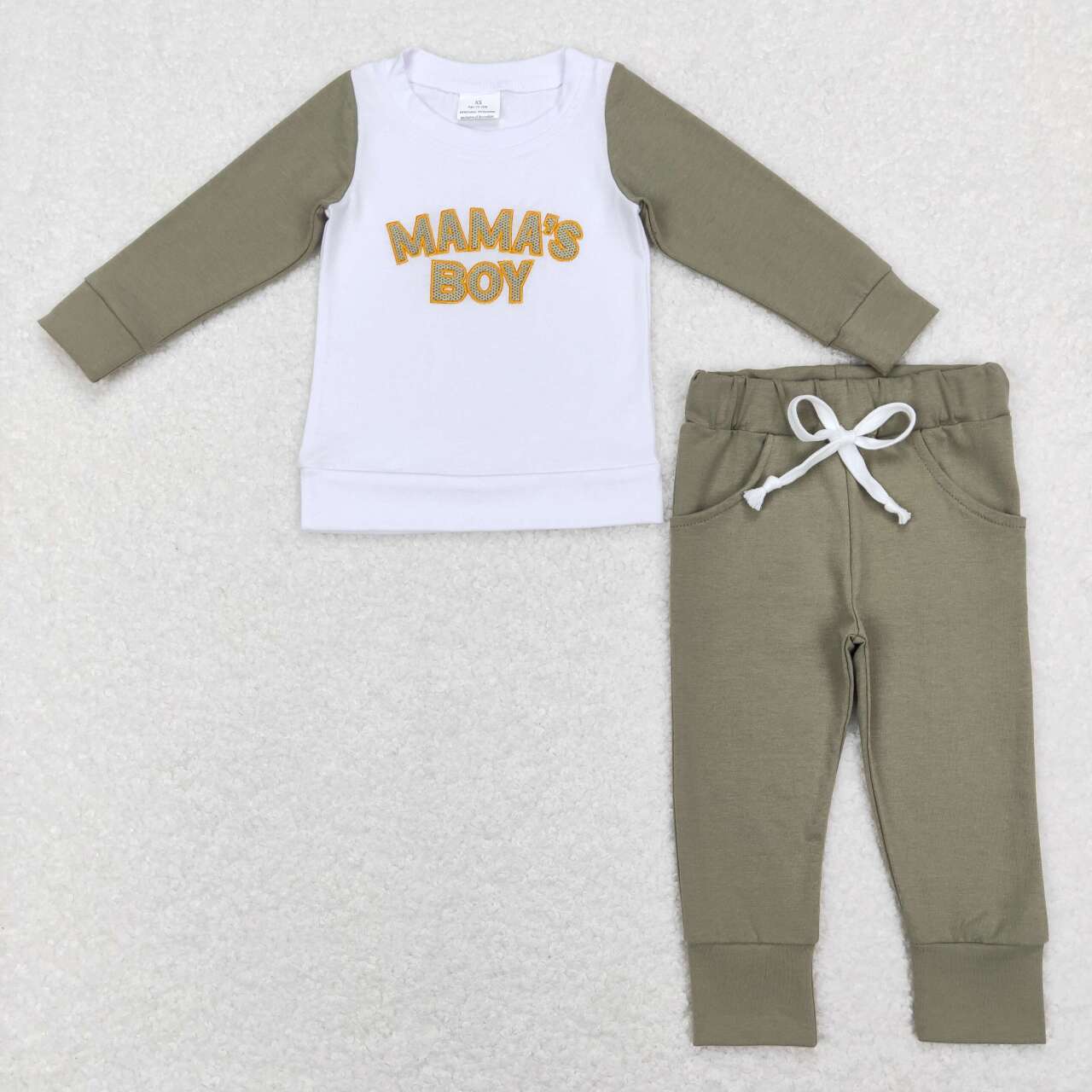 BLP0435 mama's boy embroidered lettering white raglan long sleeve army green trousers suit