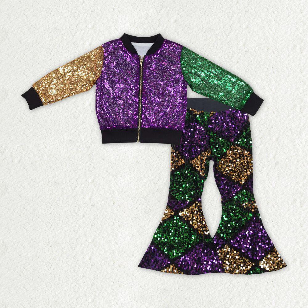 P0359 Purple, yellow and green rhombus plaid sequined trousers +BT0451 Carnival Purple Yellow Green Sequin Zip Jacket