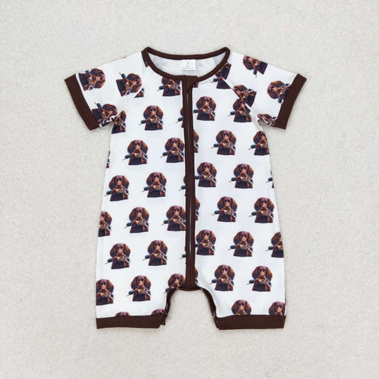RTS no moqSR1687 Duck puppy brown and white zipper short-sleeved jumpsuit