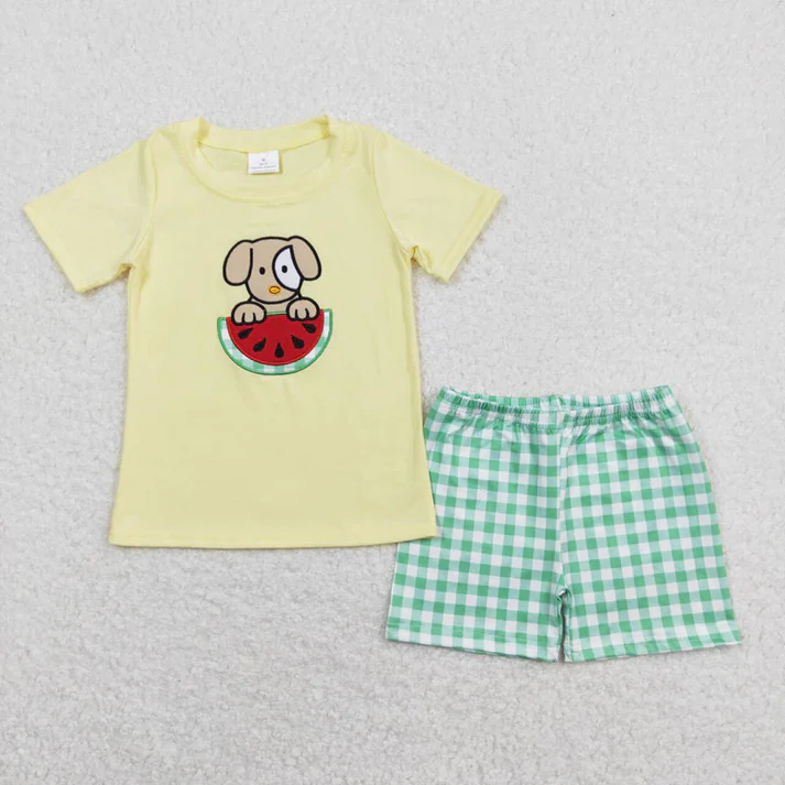 RTS NO MOQ  Baby Girls Dog Watermelon Sibling Boys Rompers Shorts Clothes Sets embroidery
