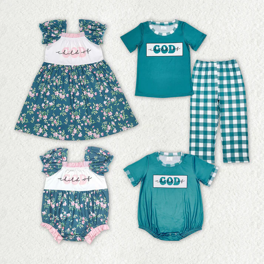 RTS NO MOQ Baby Girls Boys Child Of God Sibling Dresses Rompers Clothes Sets