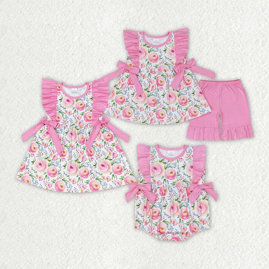 RTS NO MOQ Baby Baby Girls Pink Rose Flowers Summer Sibling Rompers Clothes Sets