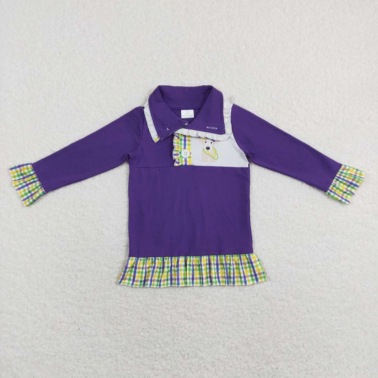 GT0412 Mardi Gras Puppy Plaid Purple Zip Long Sleeve Top